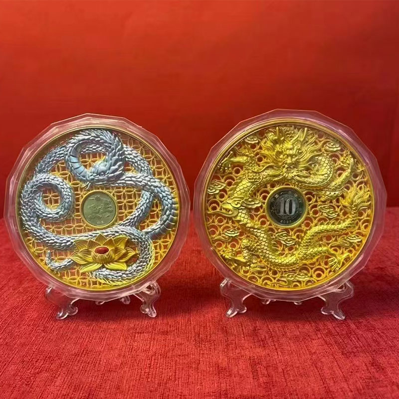 藏金龙迎银龙双龙花丝币 花丝镶嵌第一人王树文大师创作